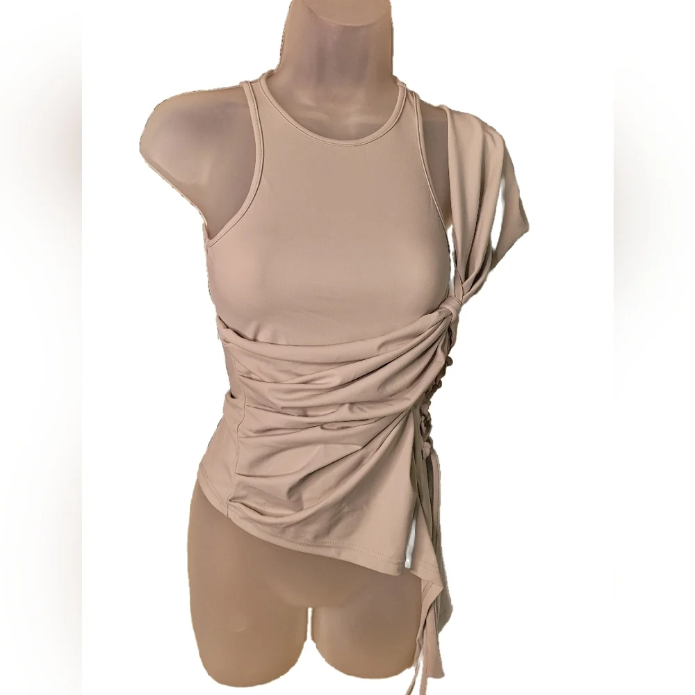 Medusa Lt Gray Sleeveless Top With Twist Tie On Side Assymetrica Stretchy XS - Picture 2 of 4